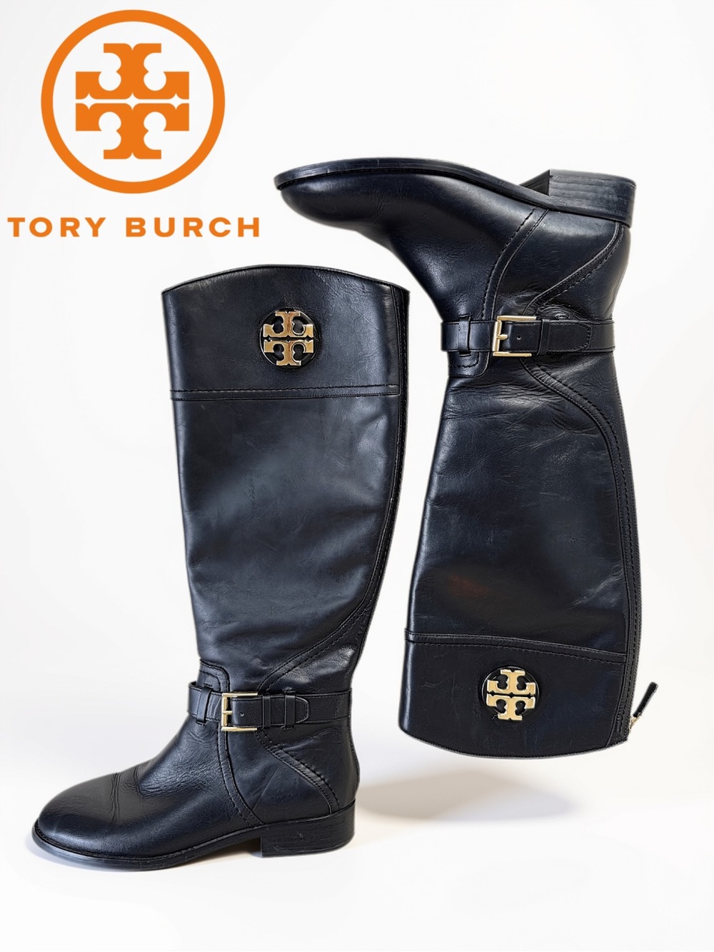Tory Burch Black Leather Knee-High Riding Boots Gold Logo Medallion Size 6.5M